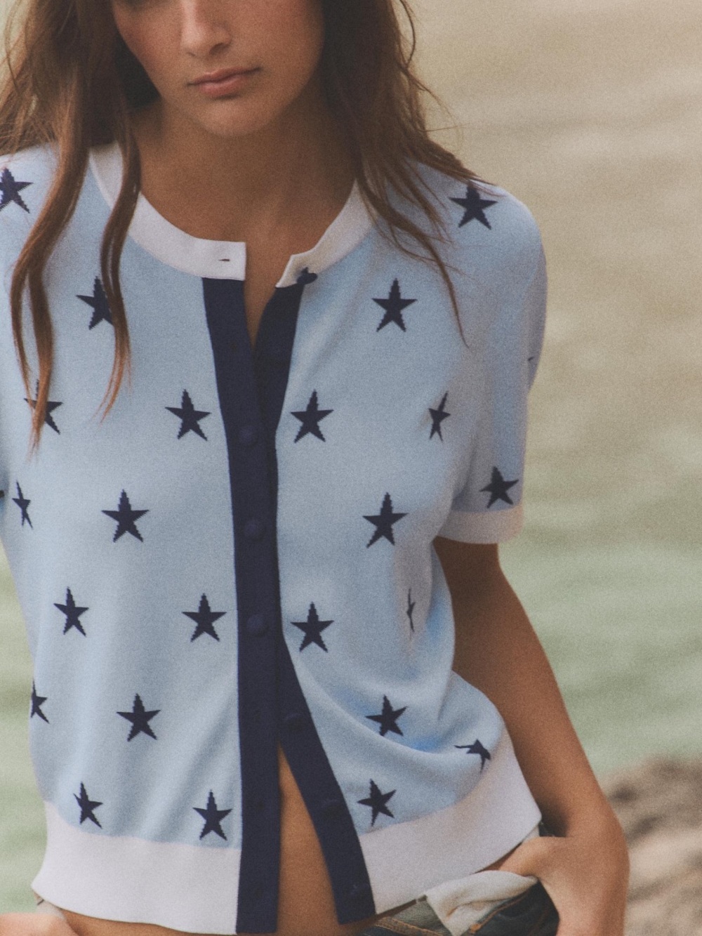 Zara Light Blue Star-Print Button-Front Short Sleeve Top with Navy Trim